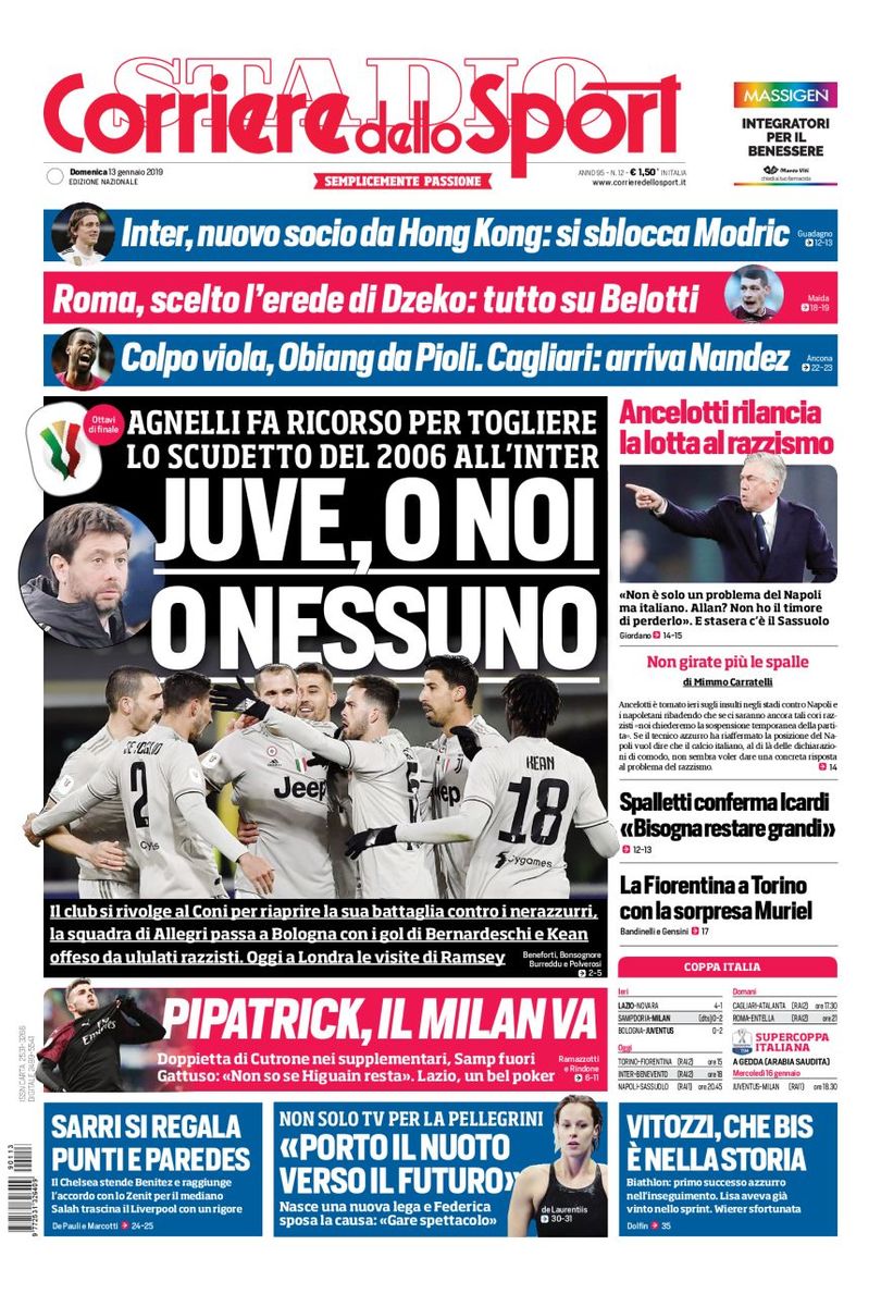 prima pagina corriere dello sport domenica 13 gennaio 2019