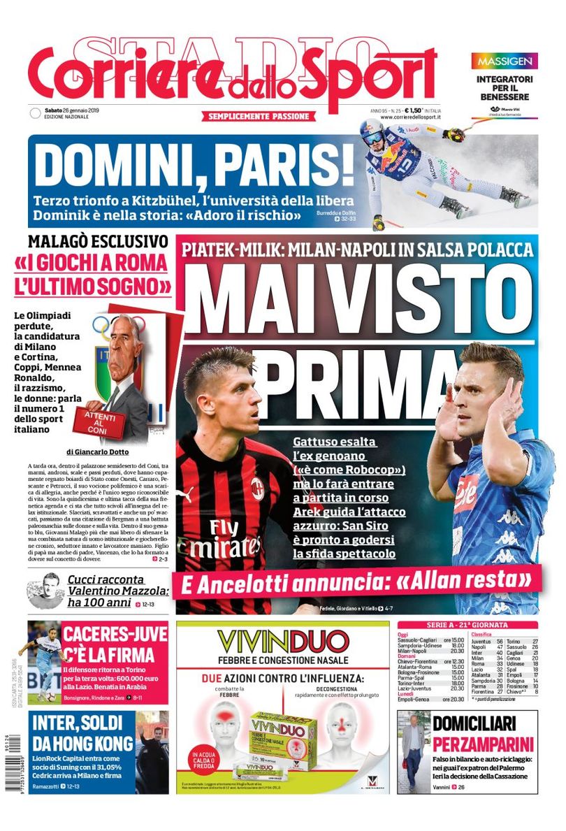 prima pagina corriere dello sport 26 gennaio 2019