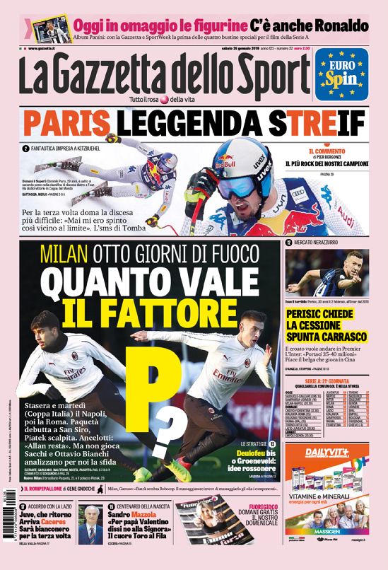 prima pagina gazzetta dello sport 26 gennaio 2019