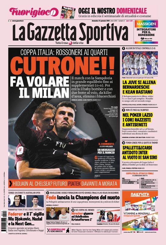 prima pagina la gazzetta dello sport domenica 13 gennaio 2019