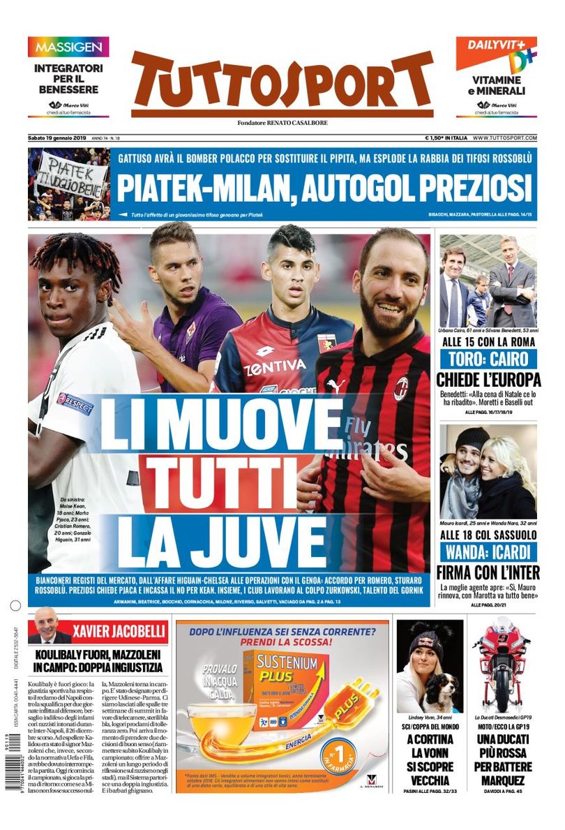 prima pagina tuttosport 19 gennaio 2019