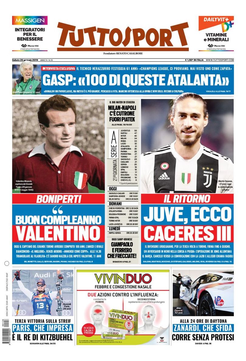prima pagina tuttosport 26 gennaio 2019