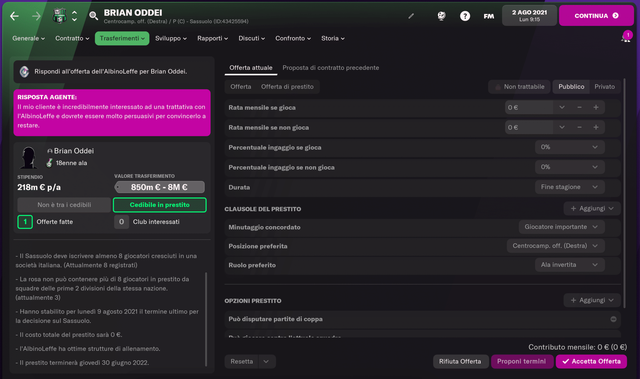 Brian Oddei Sassuolo - Football Manager 2022