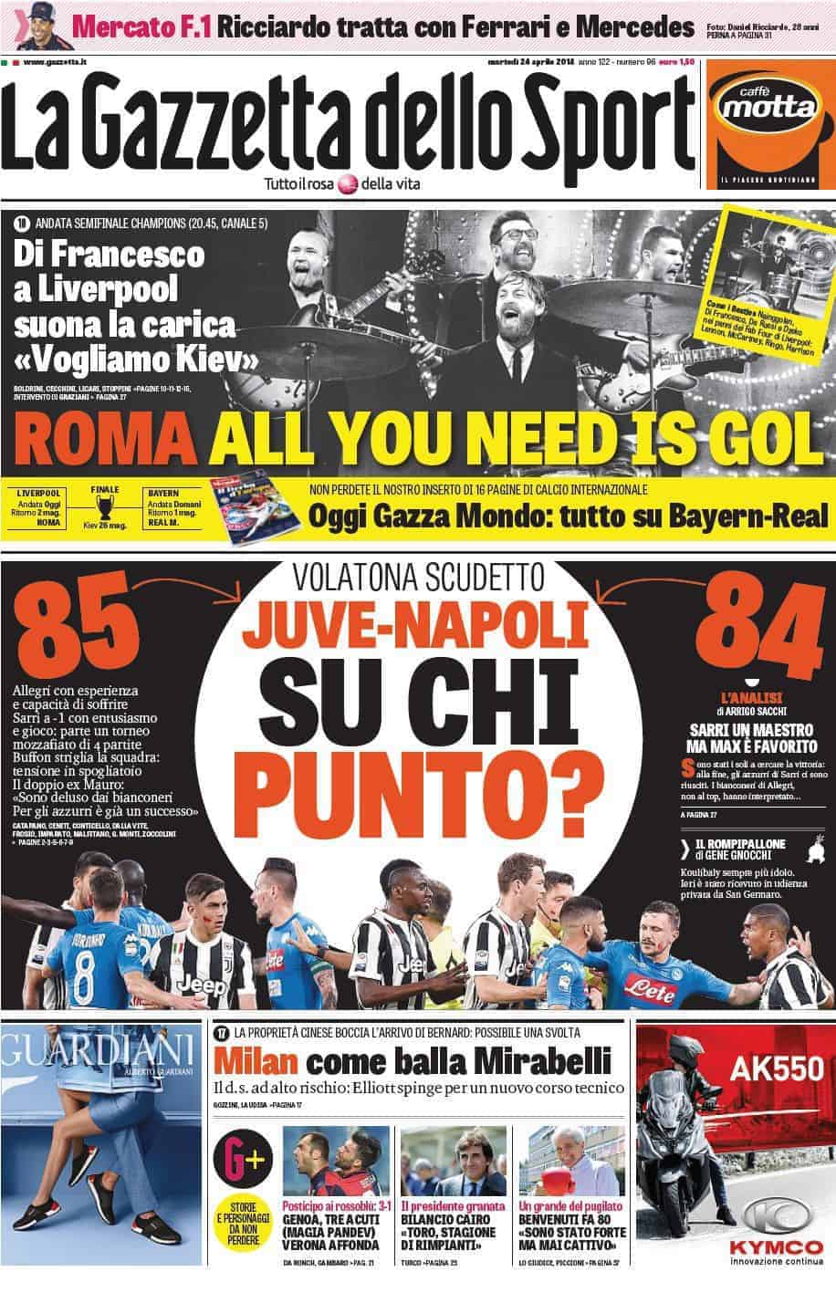 prima pagina gazzetta dello sport 24 aprile 2018