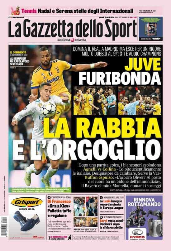 prima pagina gazzetta dello sport gioved&igrave; 12 aprile 2018