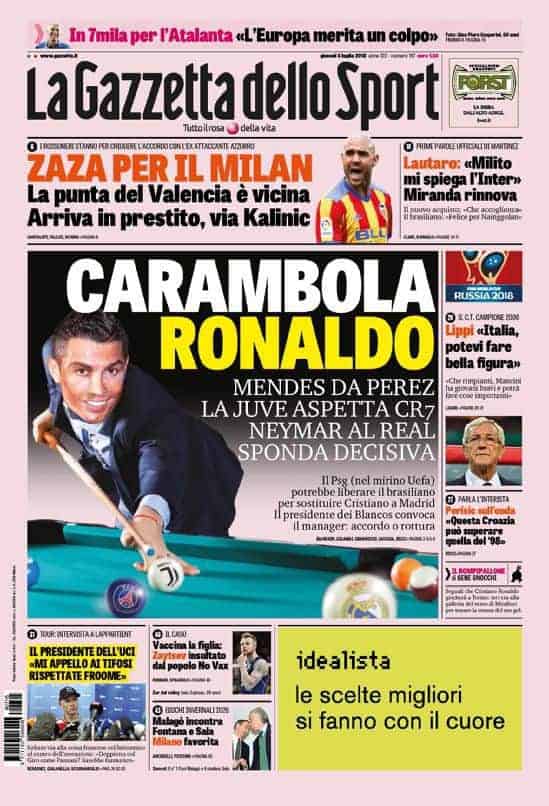 prima pagina gazzetta dello sport gioved&igrave; 5 luglio 2018