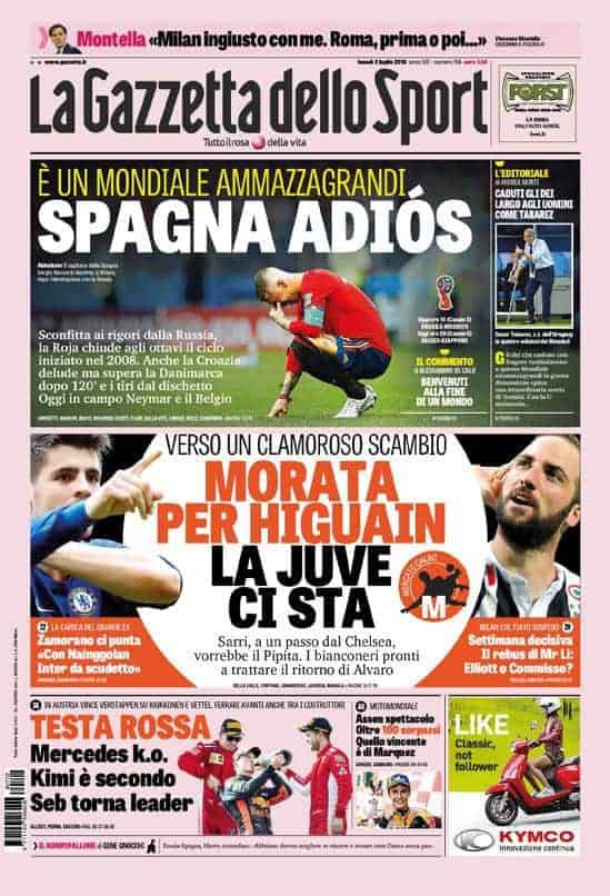prima pagina gazzetta dello sport luned&igrave; 2 luglio 2018