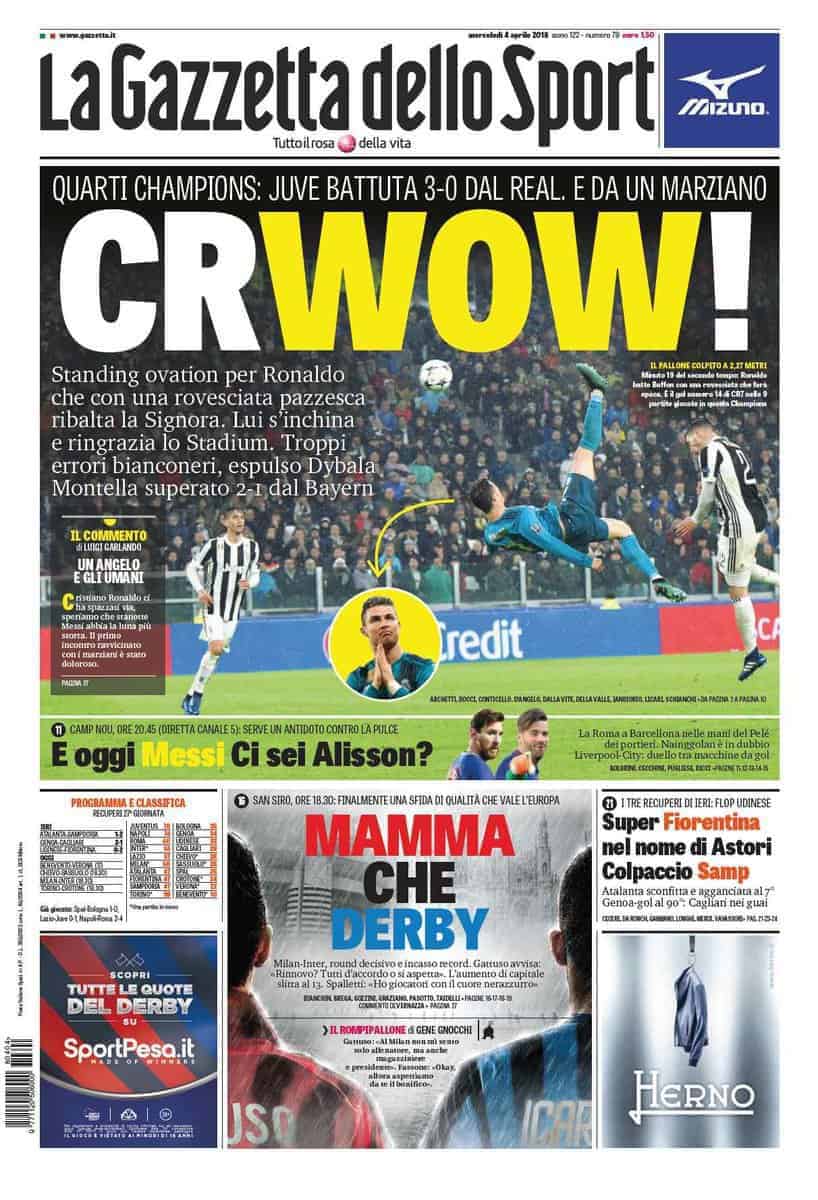 prima pagina gazzetta dello sport 4 aprile 2018