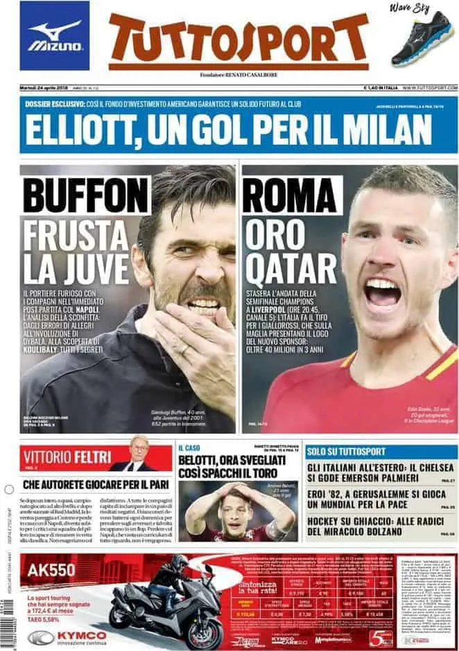 prima pagina tuttosport 24 aprile 2018