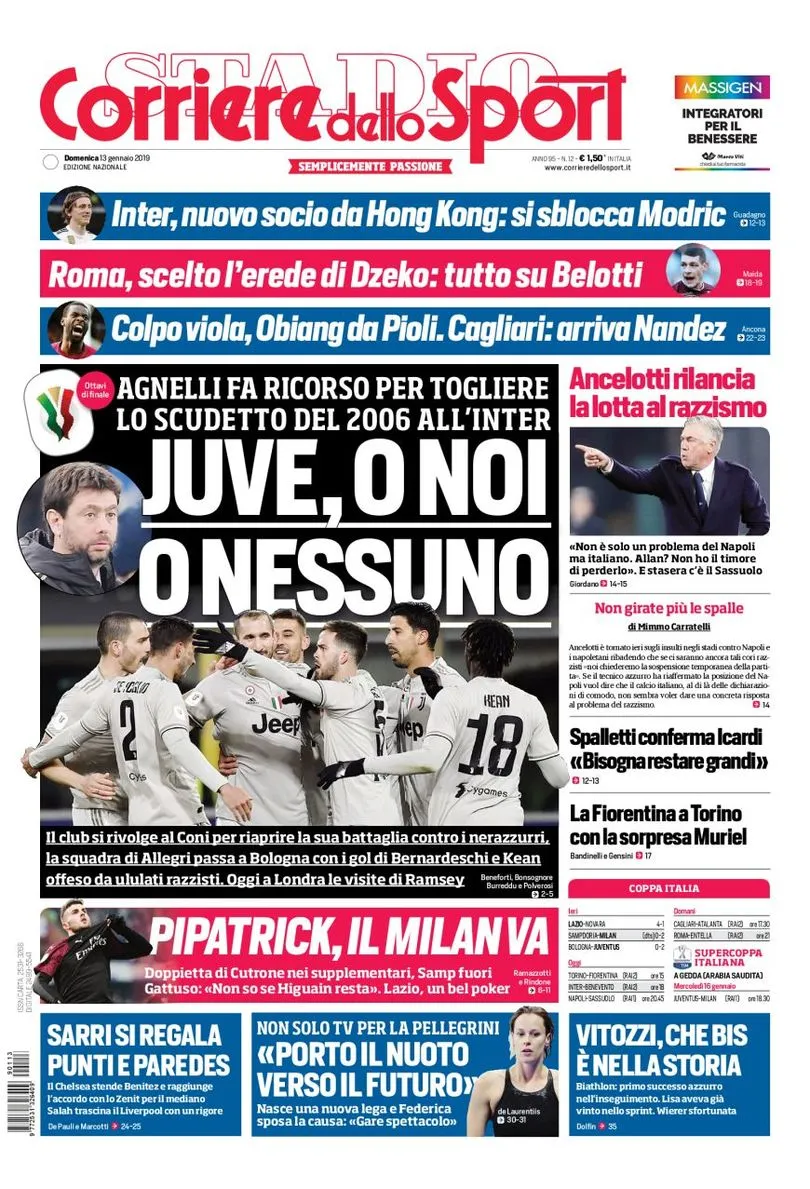 prima pagina corriere dello sport domenica 13 gennaio 2019
