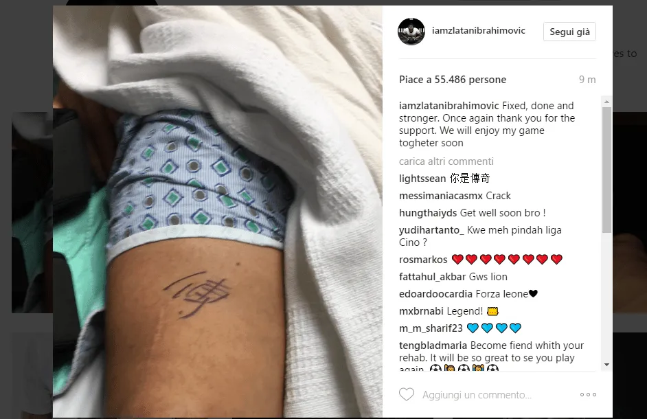 Ibrahimovic su Instagram: "Aggiustato e più forte. Torno presto"