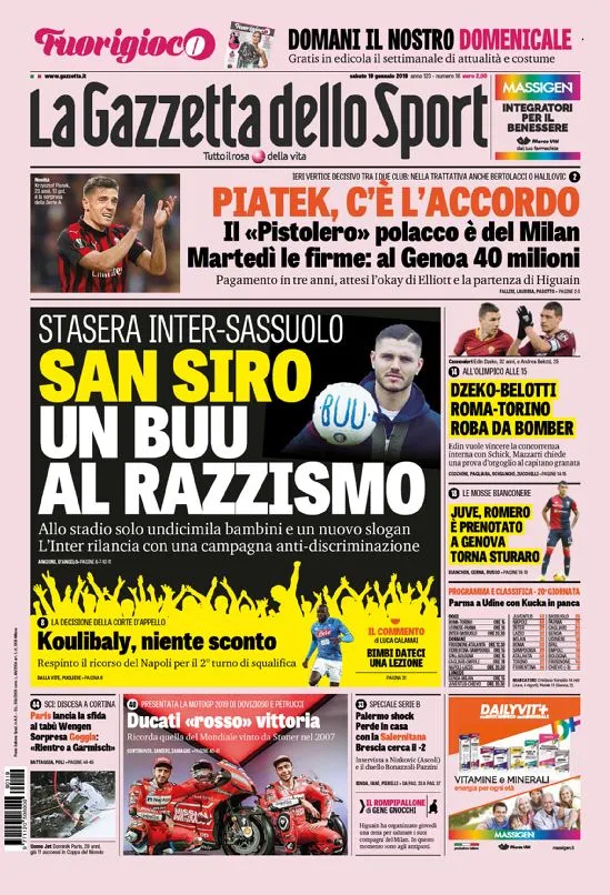 prima pagina gazzetta dello sport 19 gennaio 2019