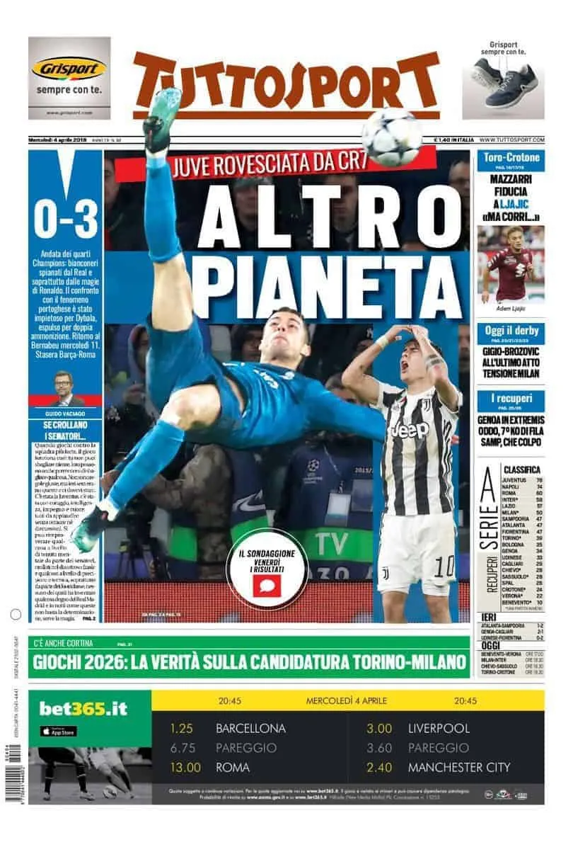 prima pagina tuttosport 4 aprile 2018