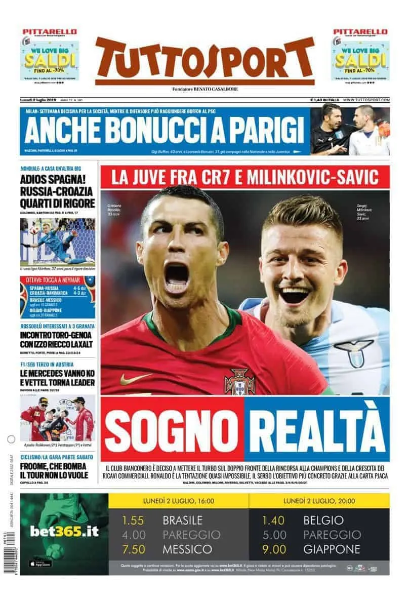 prima pagina tuttosport lunedì 2 luglio 2018