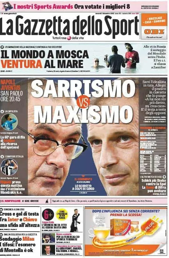 Prima pagina Gazzetta dello Sport 1° dicembre 2017