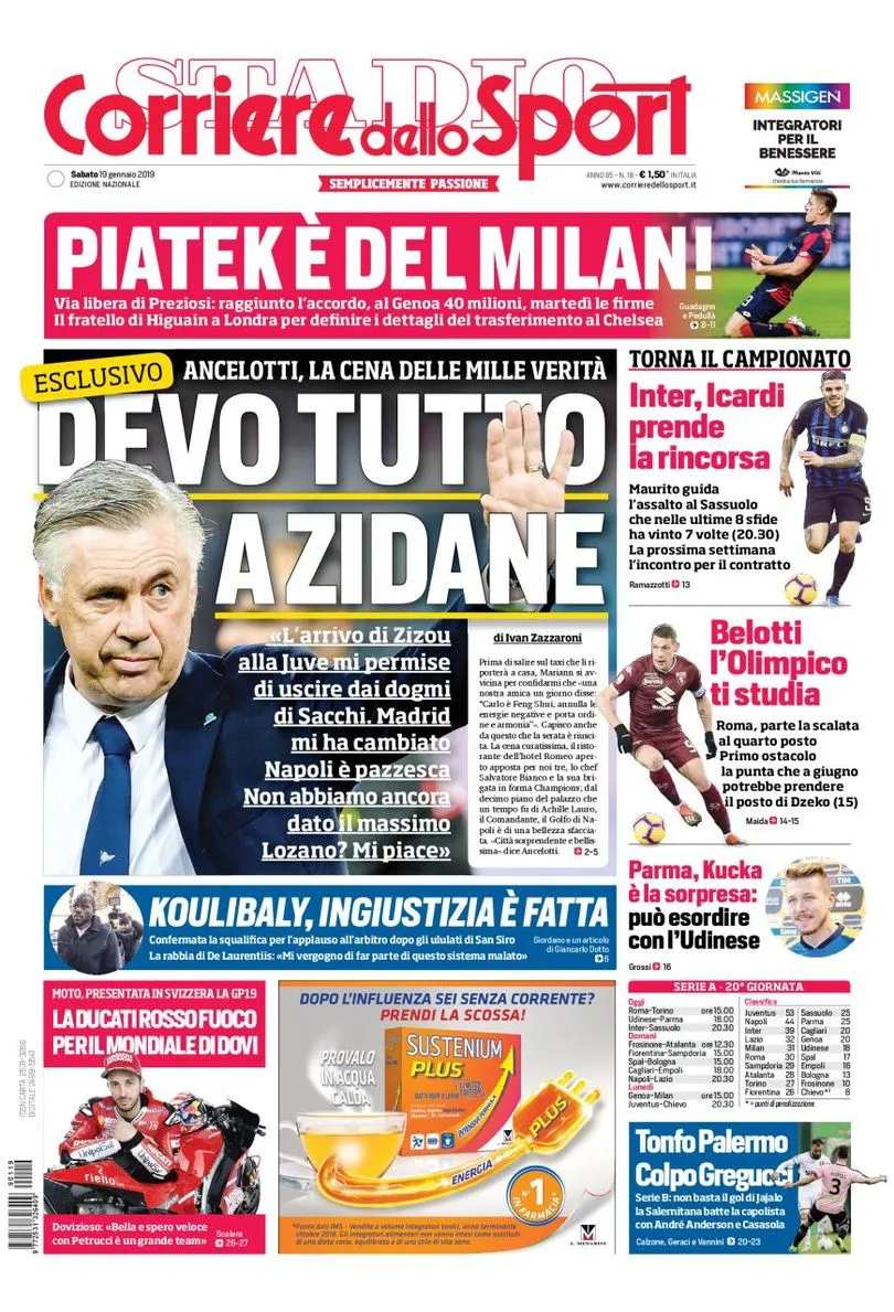 prima pagina corriere dello sport 19 gennaio 2019