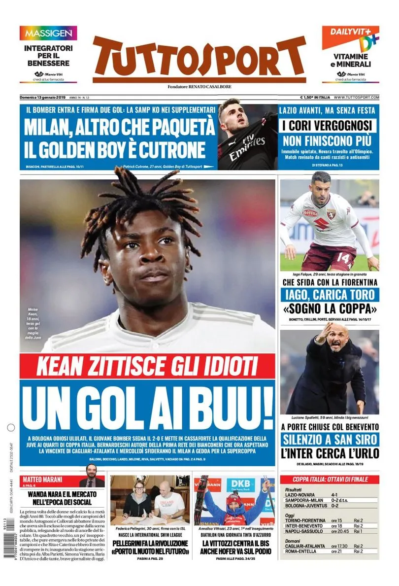 prima pagina tuttosport domenica 13 gennaio 2019