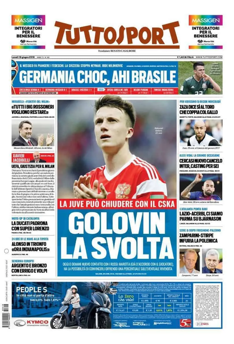 prima pagina tuttosport lunedì 18 giugno 2018