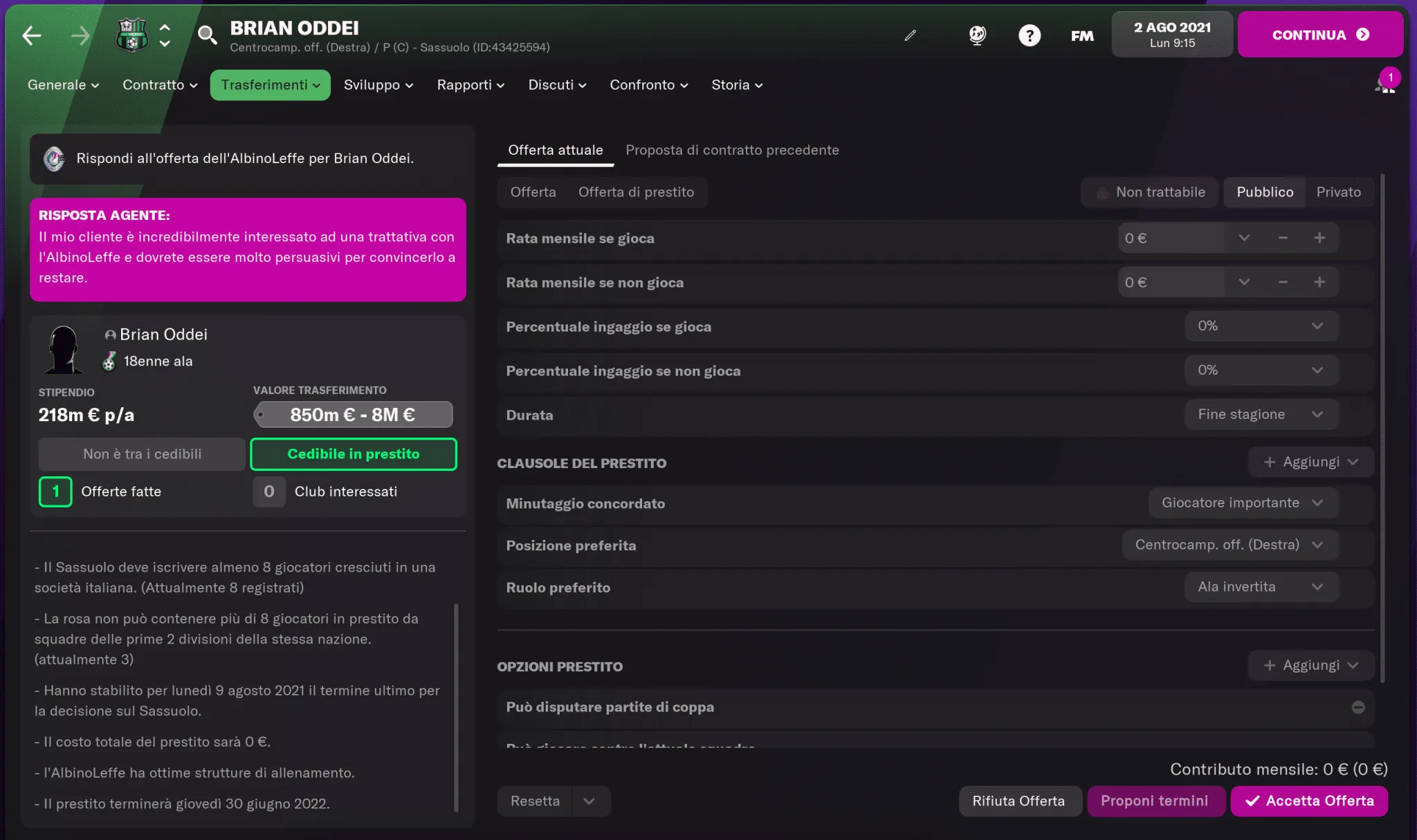 Brian Oddei Sassuolo - Football Manager 2022