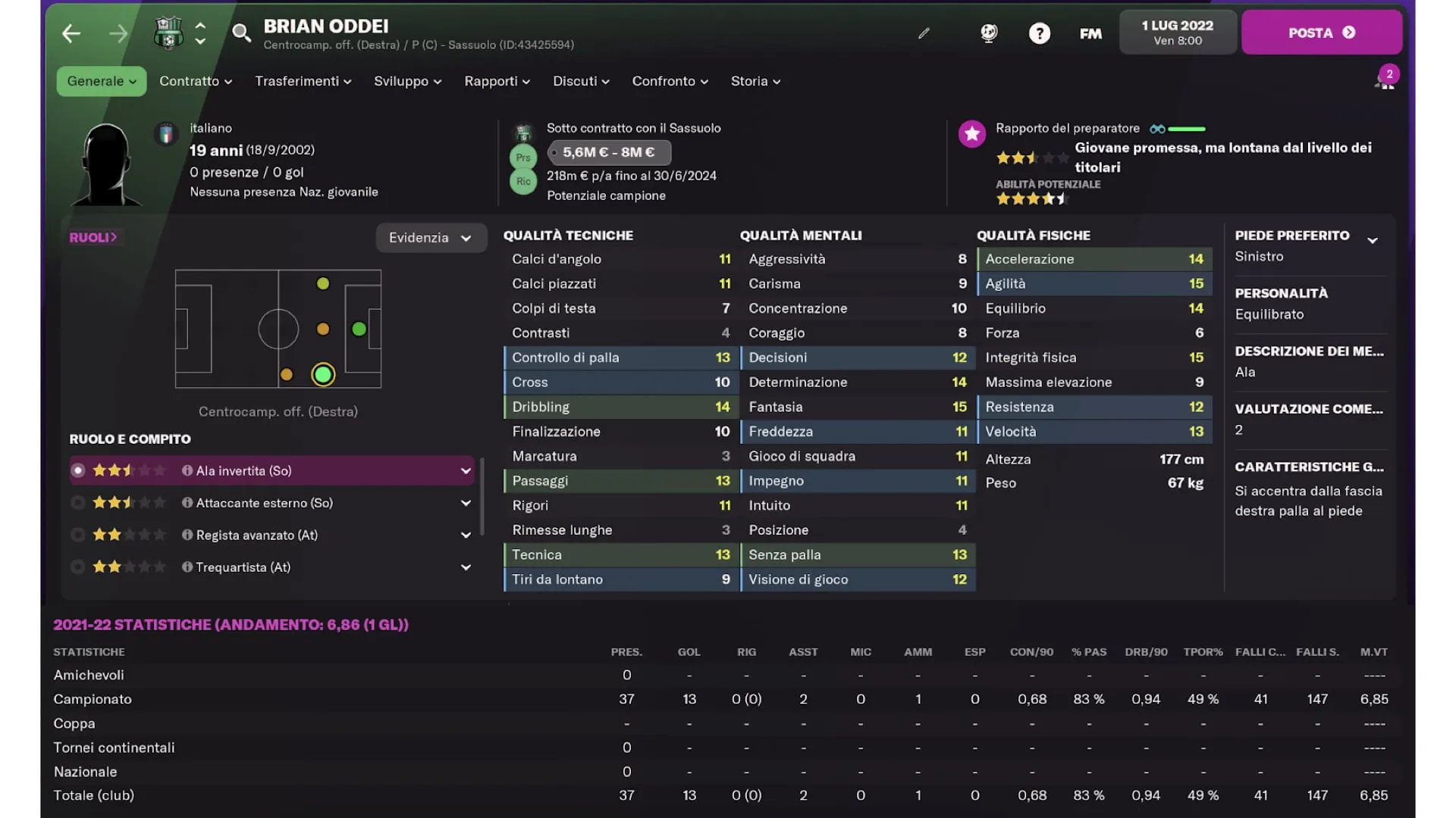 Brian Oddei Sassuolo un anno dopo - Football Manager 2022
