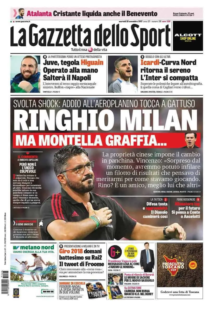 Prima pagina Gazzetta dello Sport 28 novembre 2017