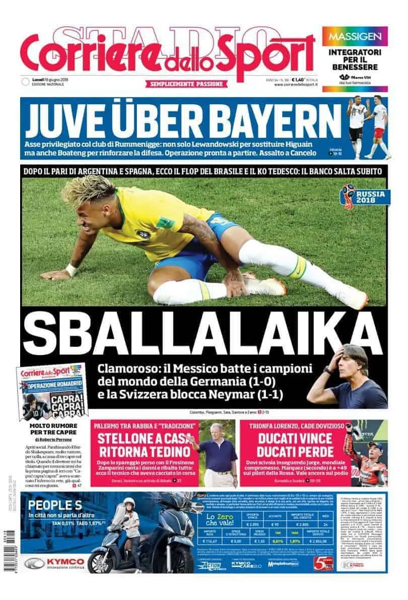prima pagina corriere delo sport lunedì 18 giugno 2018